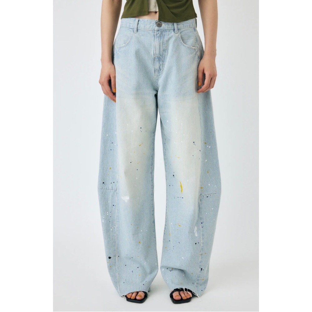 MOUSSY Balloon Painter Jean Medium Blue Stripe Splatter Wide Leg High Rise Denim
